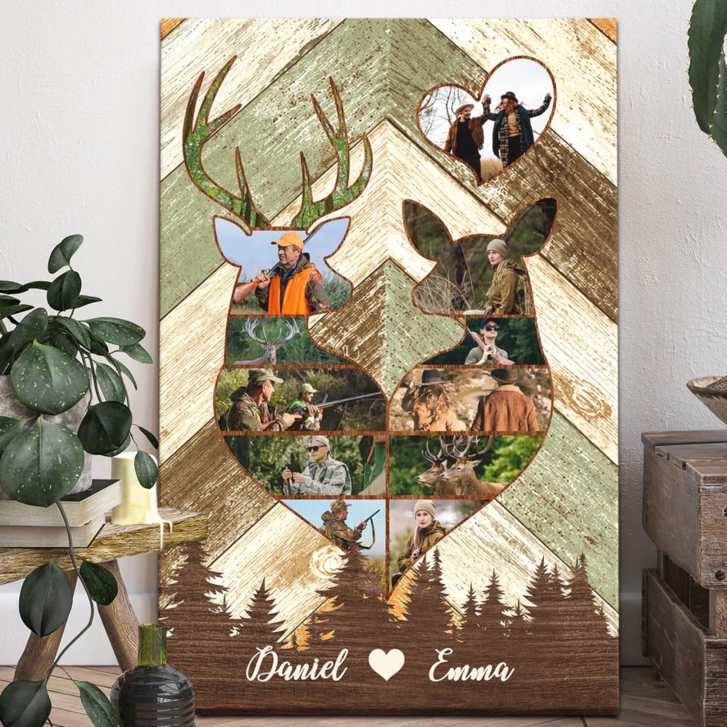 Personalized Couple Hunting Canvas with Custom Photos and Names – Rustic Anniversary Gift
