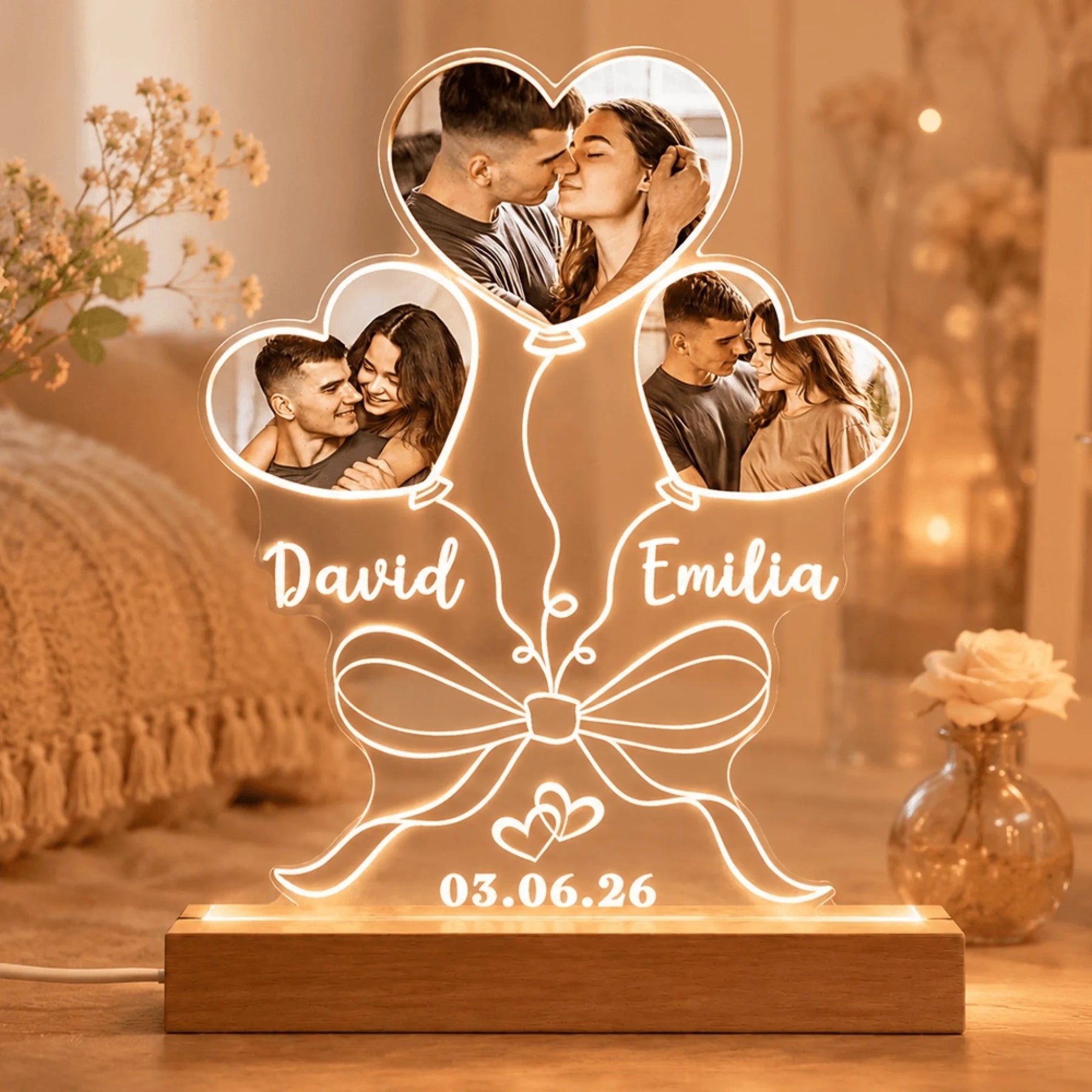 Personalized Couple LED Night Light with 3 custom photos – Anniversary Gift