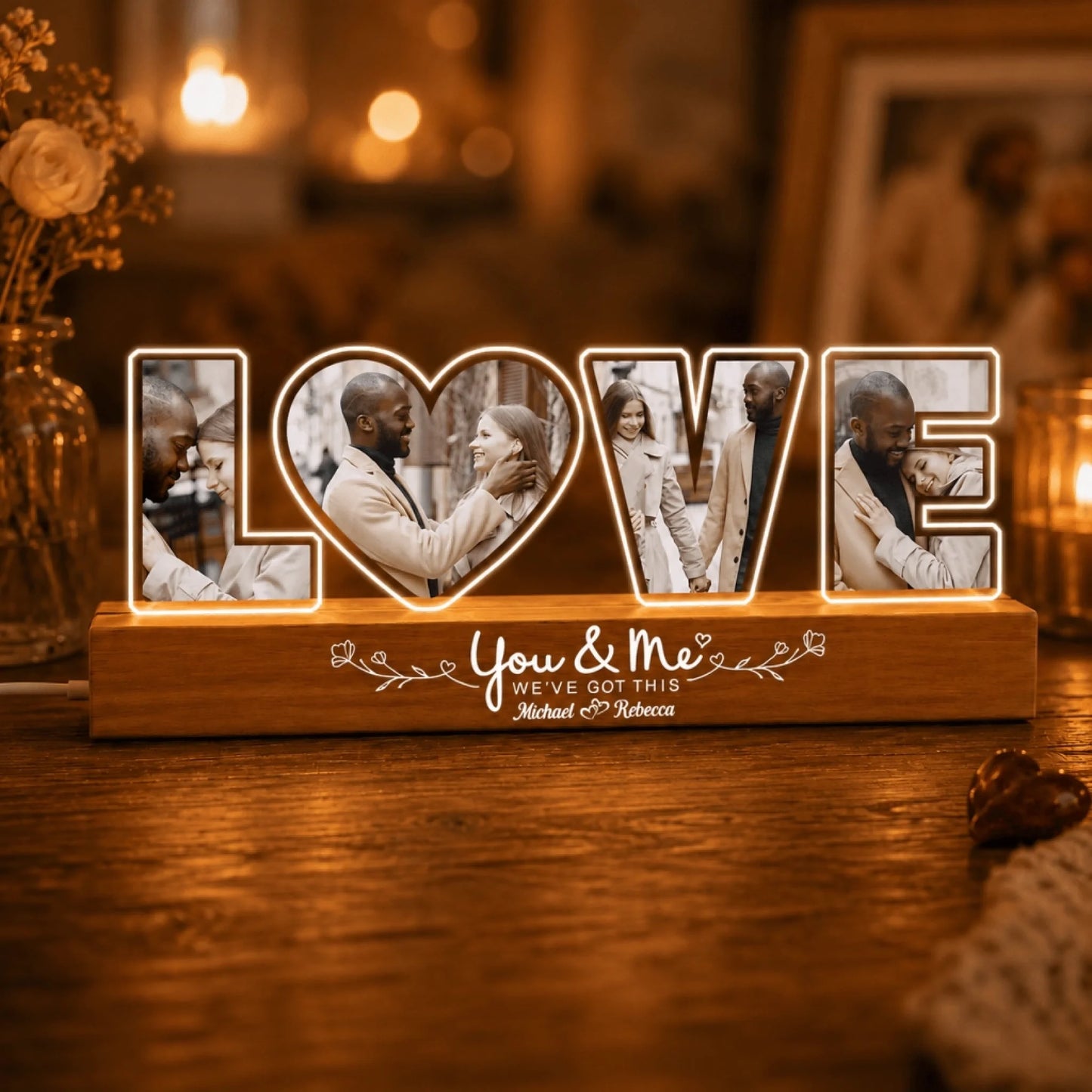 Personalized couple LED night light with custom photos and names - You & Me We Got This gift