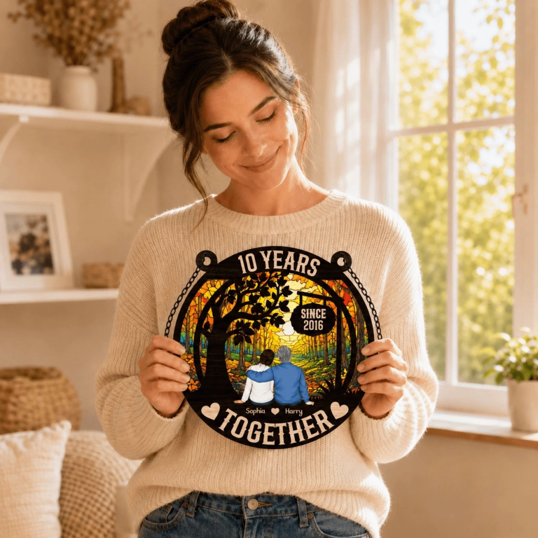 Personalized couple suncatcher hanging on window – unique anniversary home decor