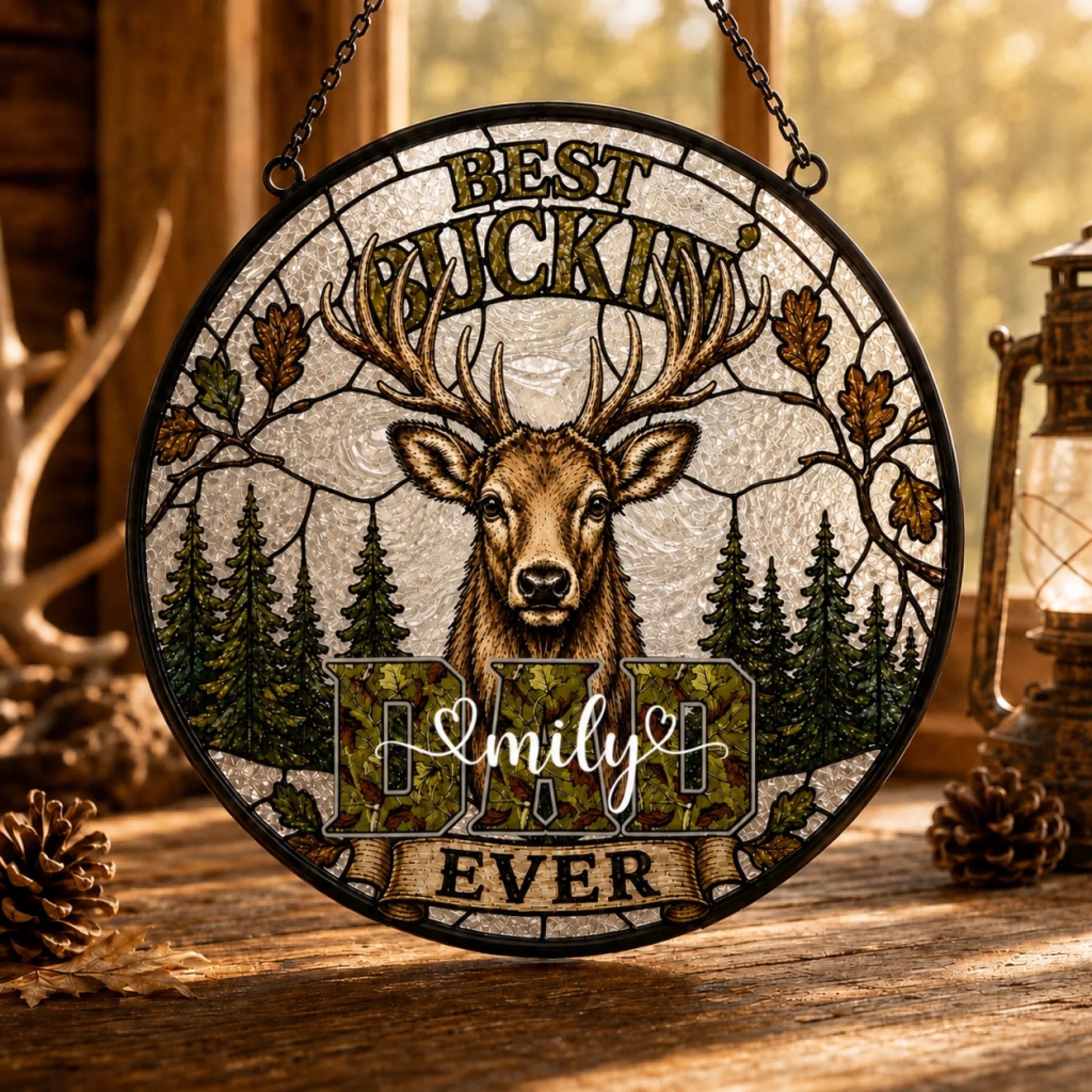 Personalized Dad Deer Hunting Glass Suncatcher – Father's Day Gift with Custom Kids Names