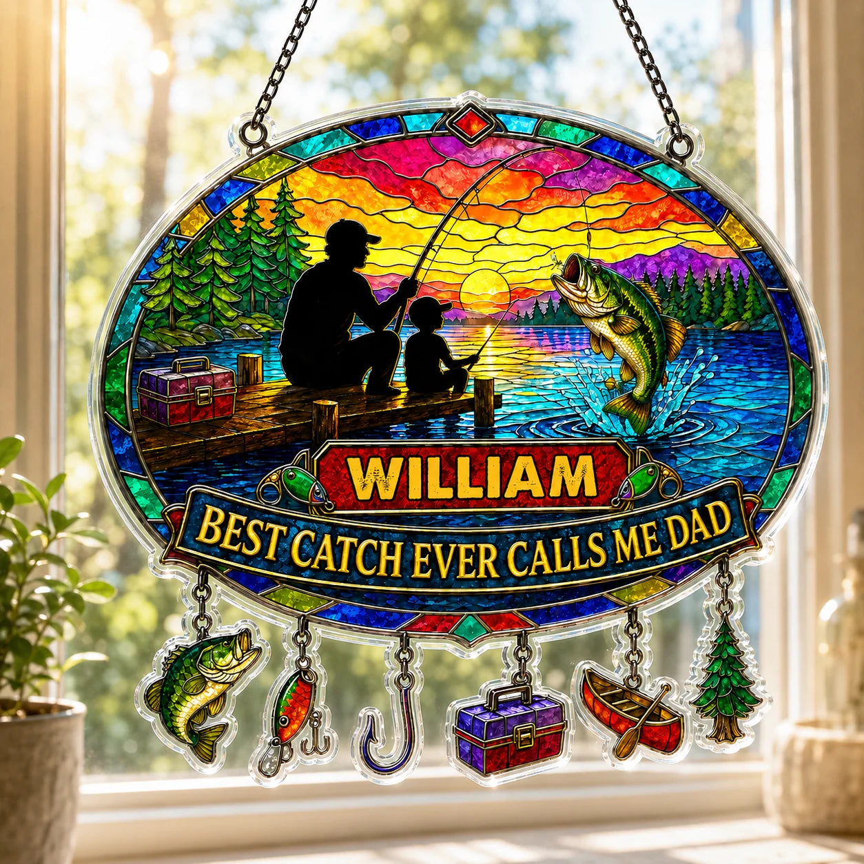Stained glass panel with fishing design and personalized text, hanging in a bright room.