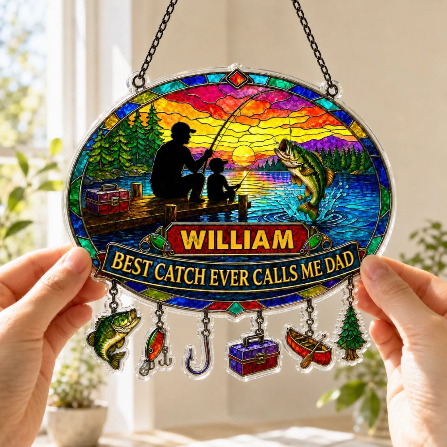 Colorful stained glass panel with fishing design and 'William Best Catch Ever Calls Me Dad' text, held by hands.