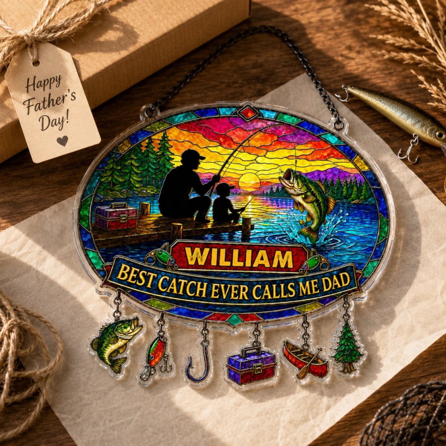 Stained glass panel with fishing scene and 'Happy Father's Day' tag