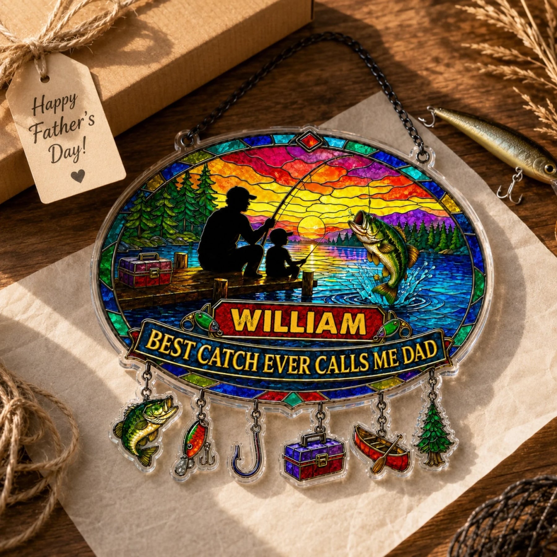 Stained glass panel with fishing scene and 'Happy Father's Day' tag