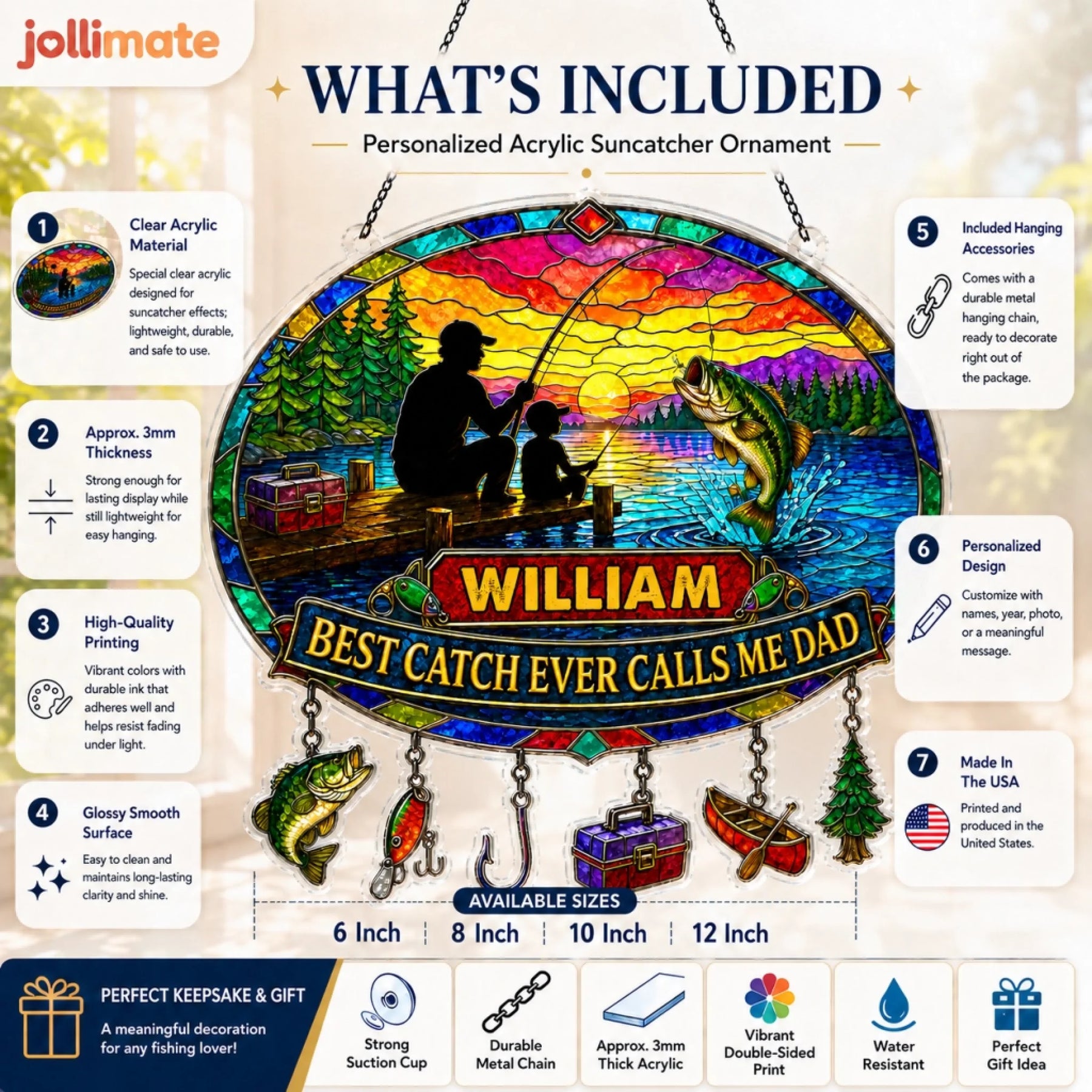 Personalized acrylic suncatcher ornament with fishing design and text, featuring jollimate branding.