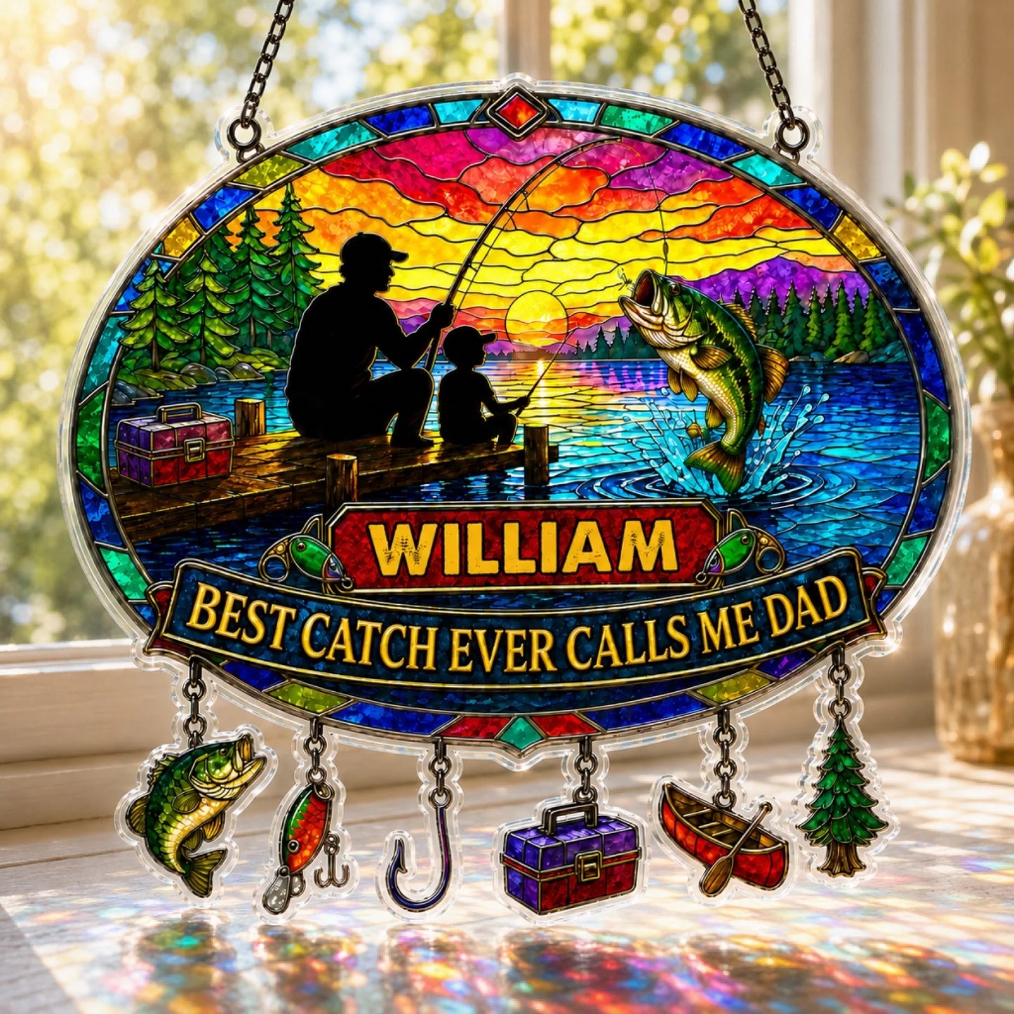 Stained glass panel with fishing scene and personalized text, featuring a rainbow of colors.