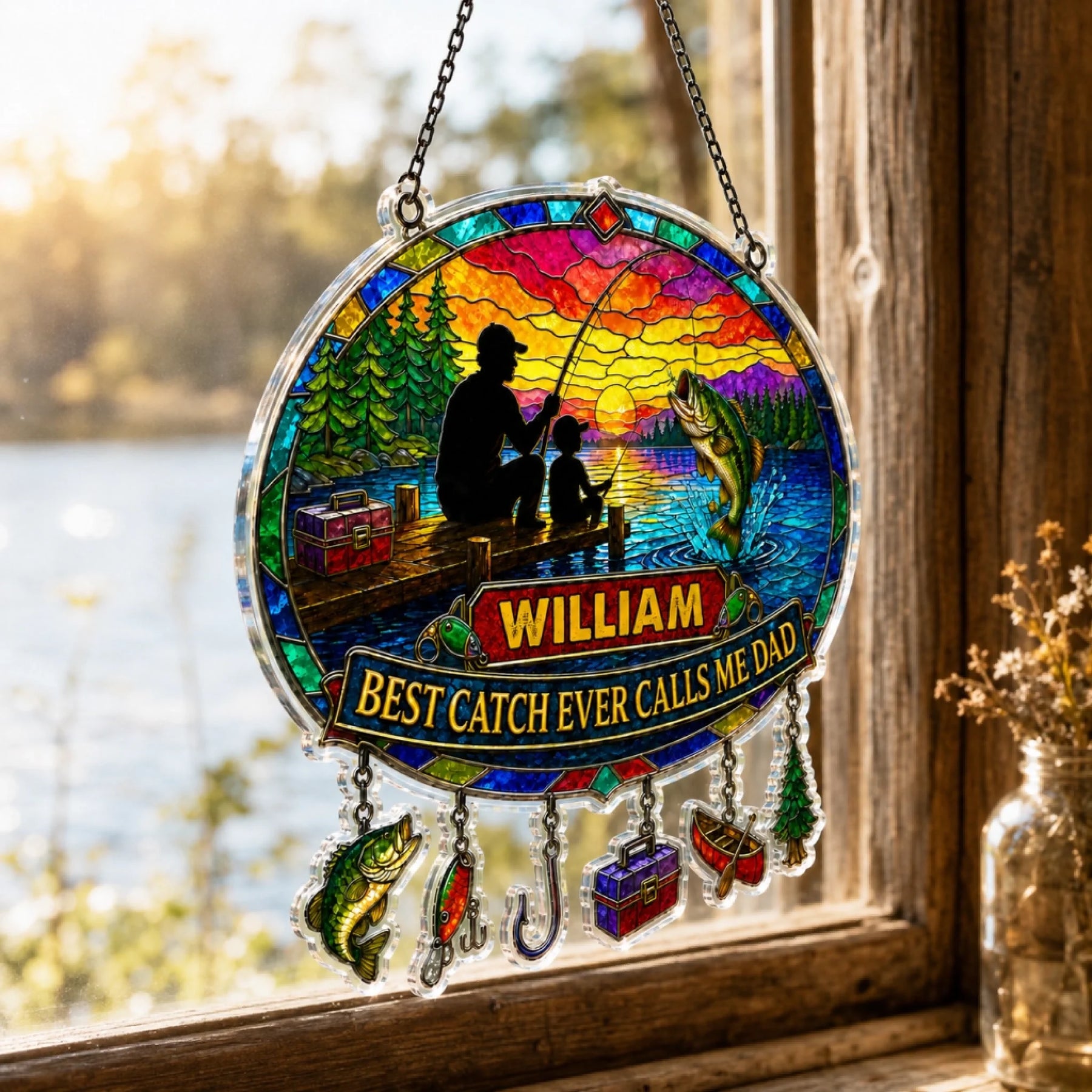 Stained glass panel with fishing scene and 'William Best Catch Ever Calls Me Dad' text, hanging by a window.
