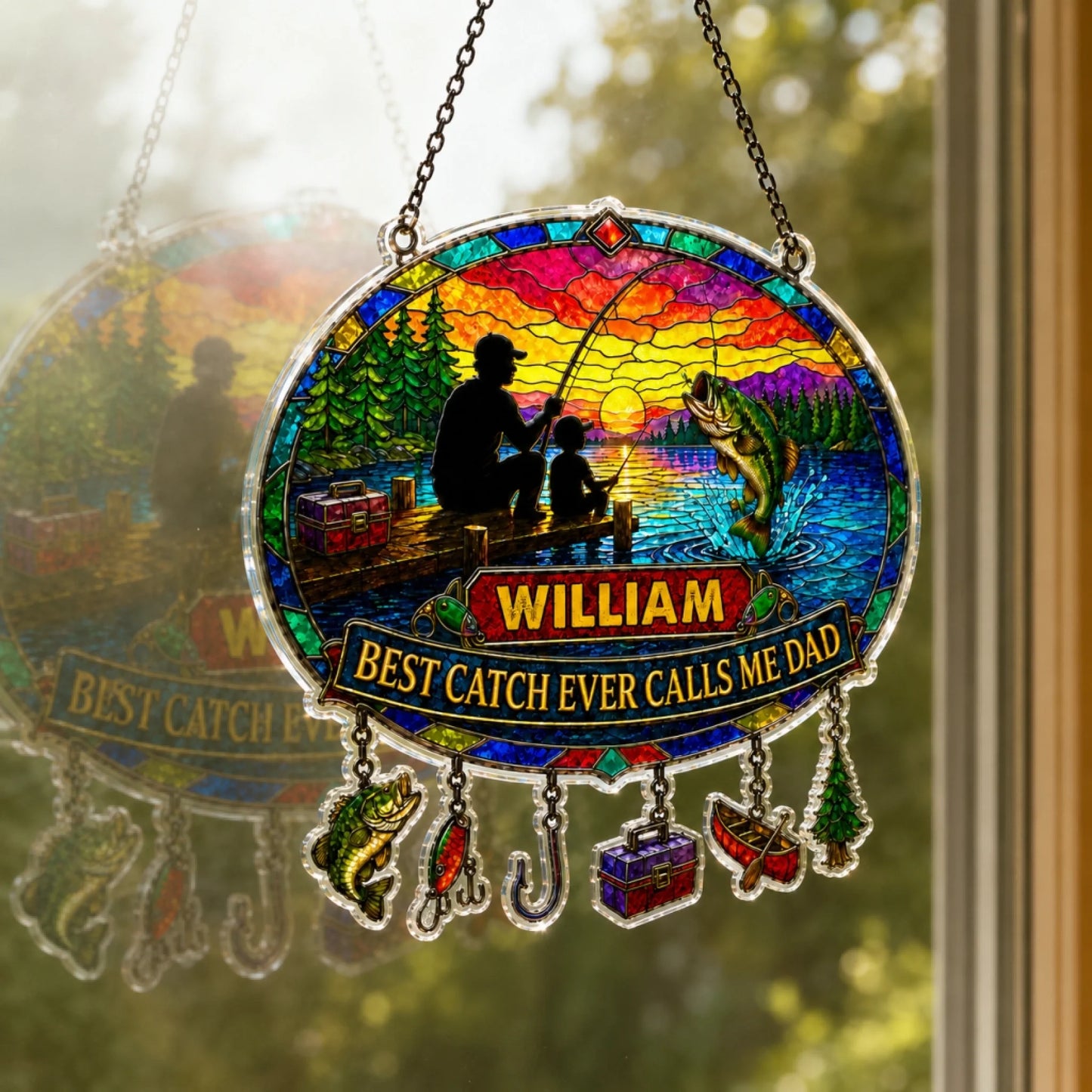 Stained glass hanging decoration with fishing scene and 'William' text.