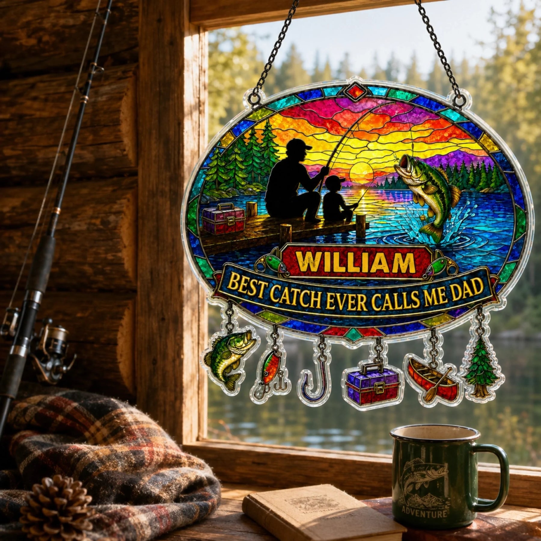 Stained glass panel with fishing design and 'William' text, hanging by a window with a view of nature.