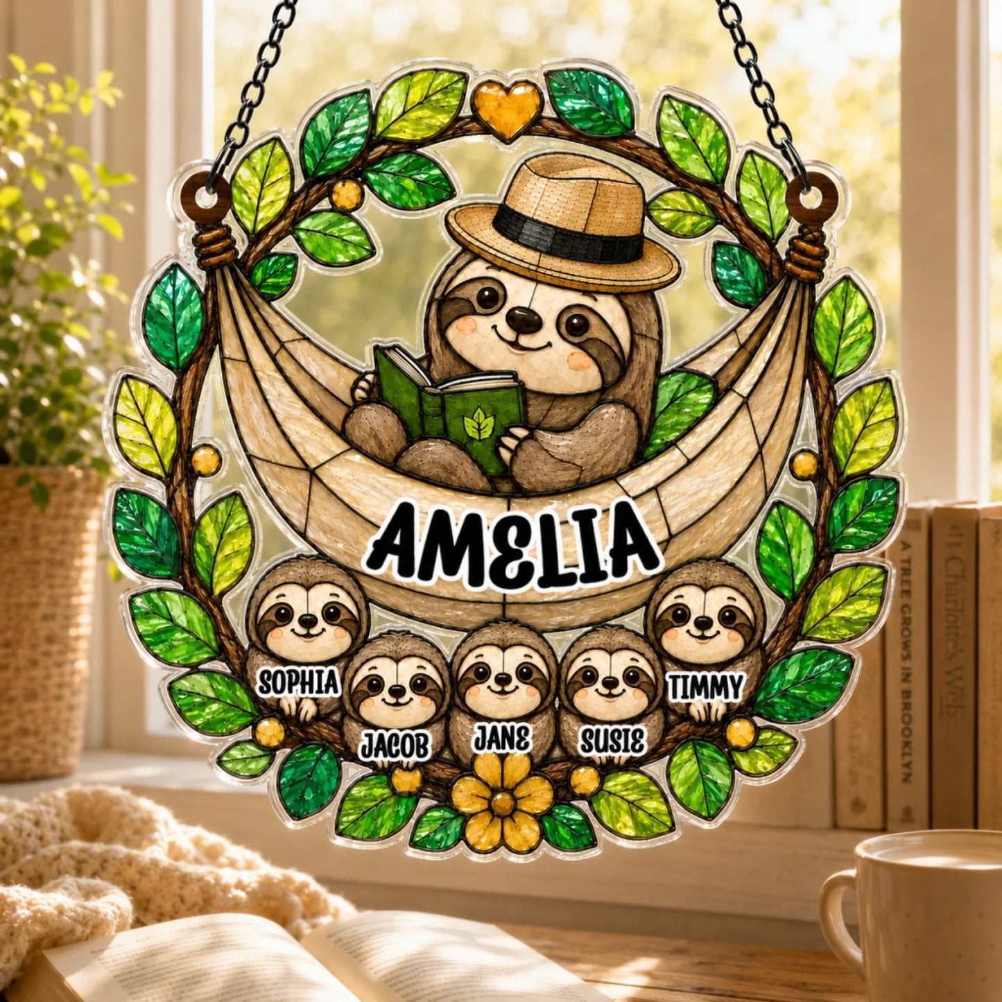 Personalized sloth suncatcher for dad available in 6 8 10 12 inch sizes
