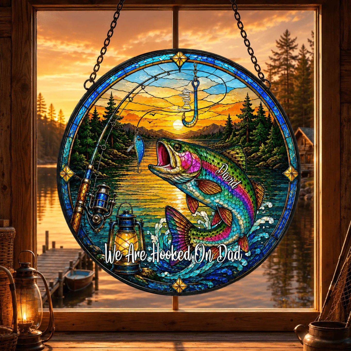 Stained glass panel with fishing theme and sunset over water scene, placed in front of a window.