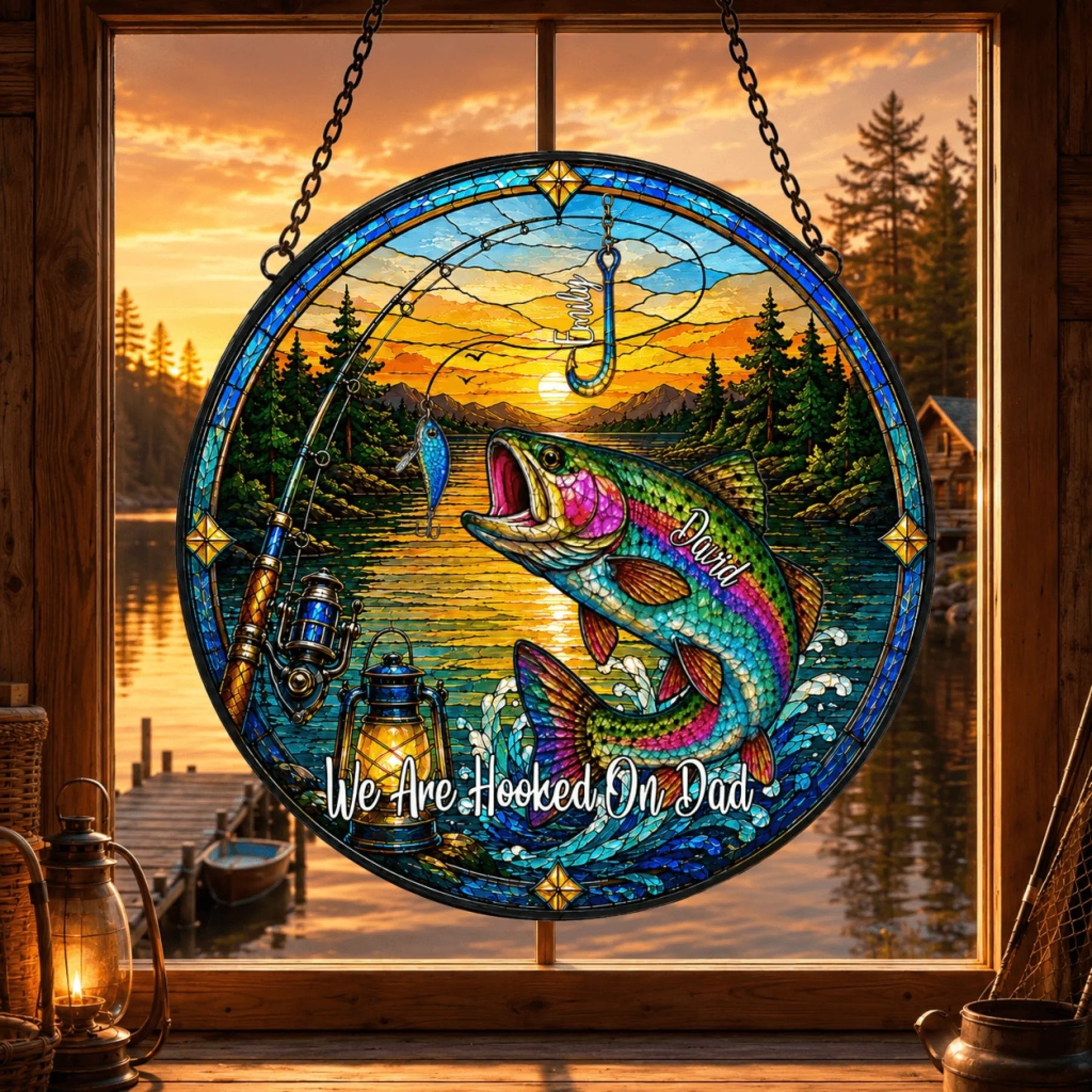 Stained glass panel with fishing theme and sunset over water scene, placed in front of a window.