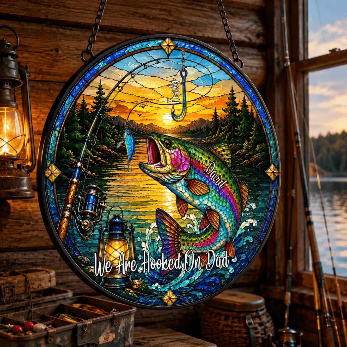 Stained glass panel with fishing scene and text 'We Are Hooked On Dad' in a rustic setting.