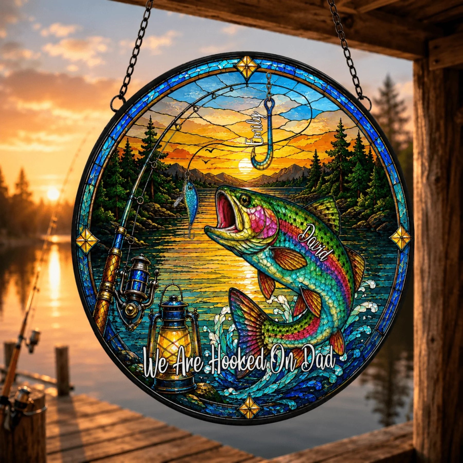 Decorative stained glass panel with fishing theme and sunset over water scene.