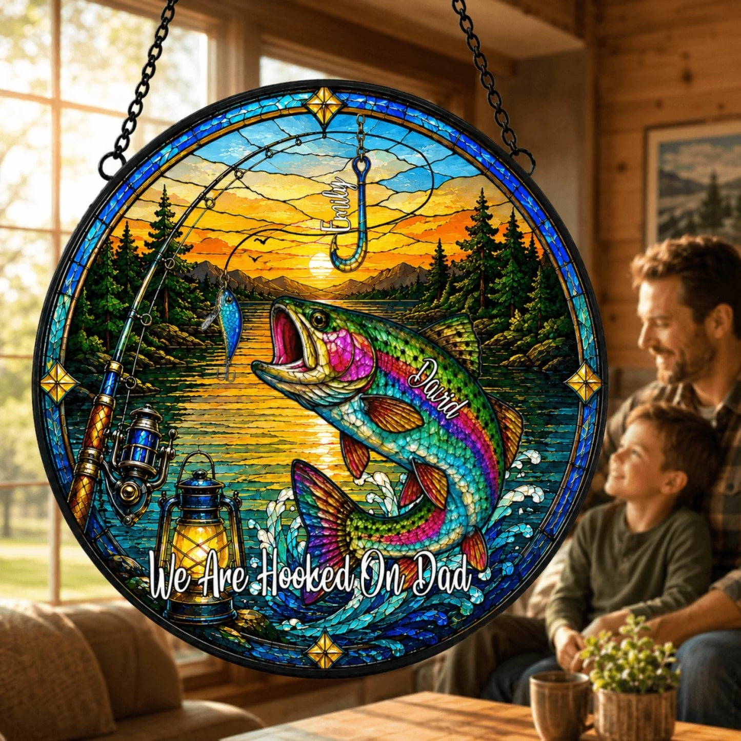 Decorative stained glass panel with fishing theme and text 'We Are Hooked On Dad' in a home setting.