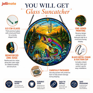Glass suncatcher with fishing design and Jollimate branding, featuring details on materials and installation.