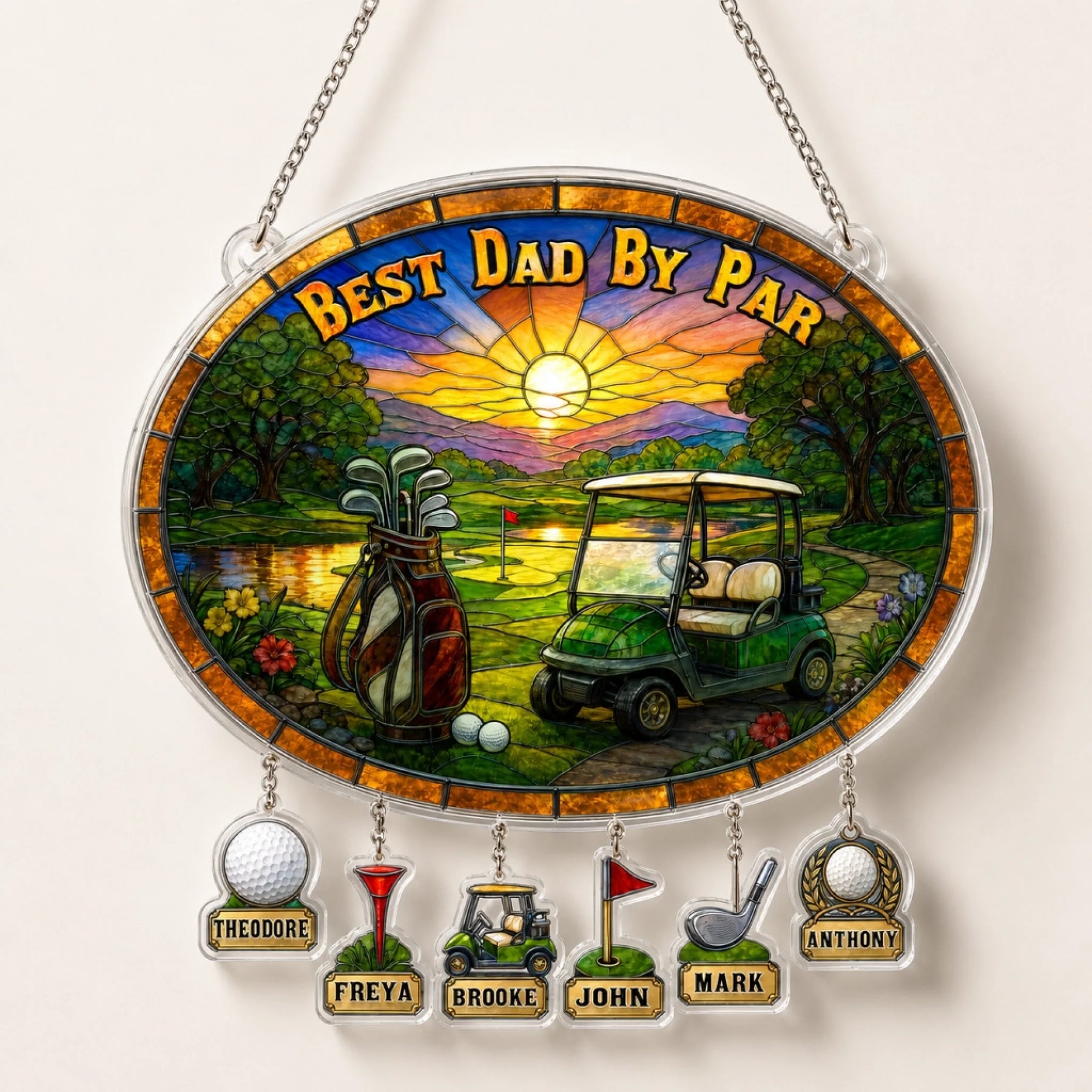 Close-up of custom kids' names on golf charms for Best Dad By Par suncatcher