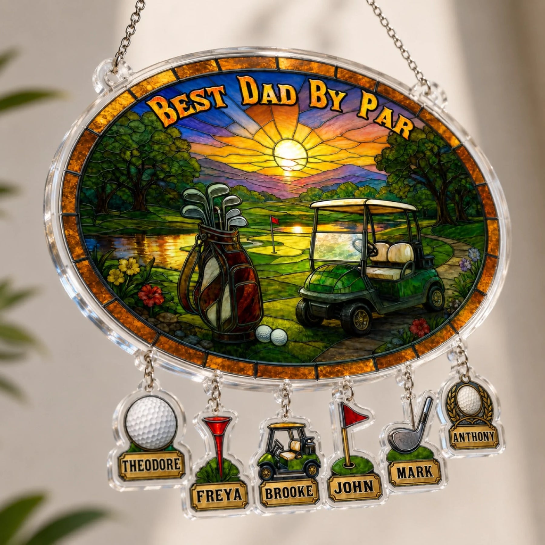 Personalized golf suncatcher Father's Day gift idea with custom kids' names for Dad