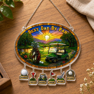 Personalized Best Dad By Par golf suncatcher with kids' names hanging charms