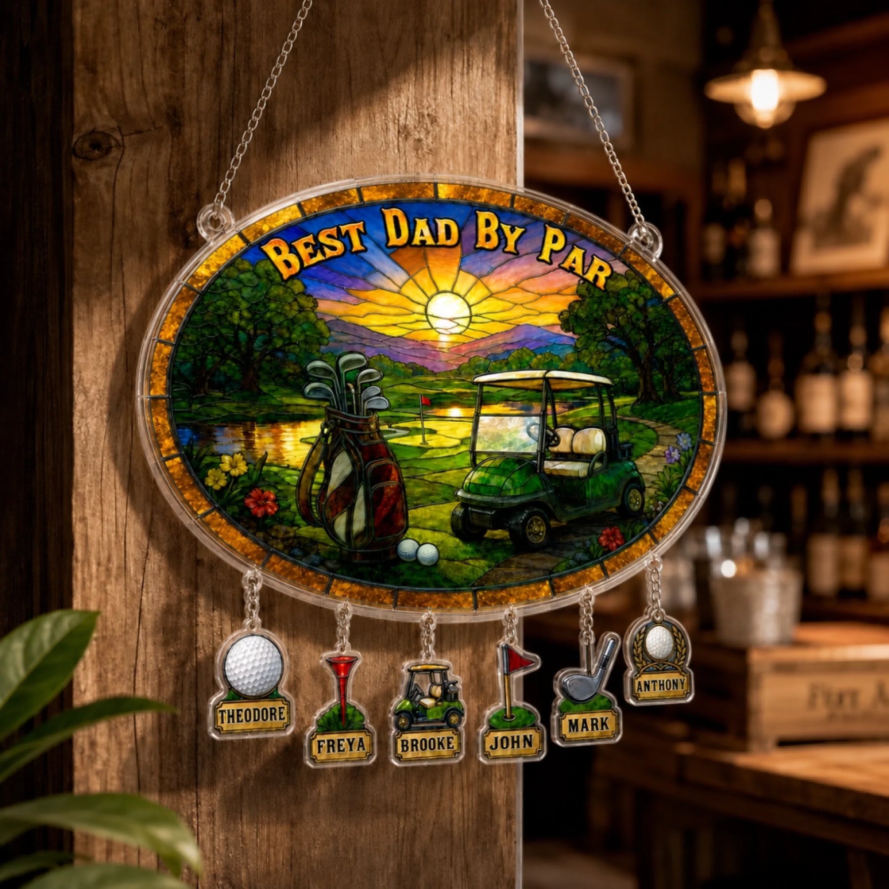 Best Dad By Par personalized golf suncatcher displayed as home decor gift for golf-loving dad