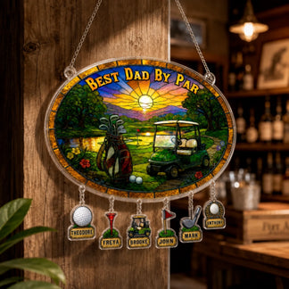 Best Dad By Par personalized golf suncatcher displayed as home decor gift for golf-loving dad