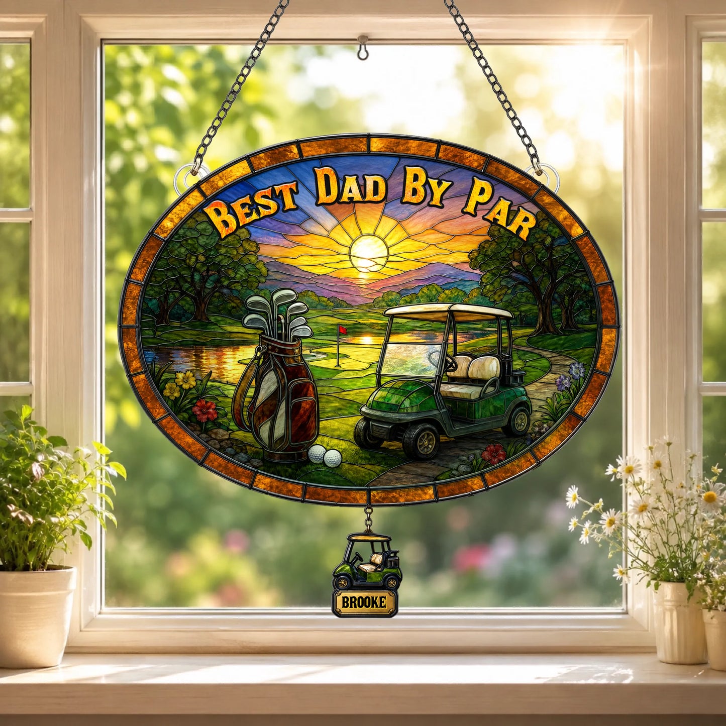 Custom golf suncatcher for Dad hanging in window with sunlight shining through stained glass design
