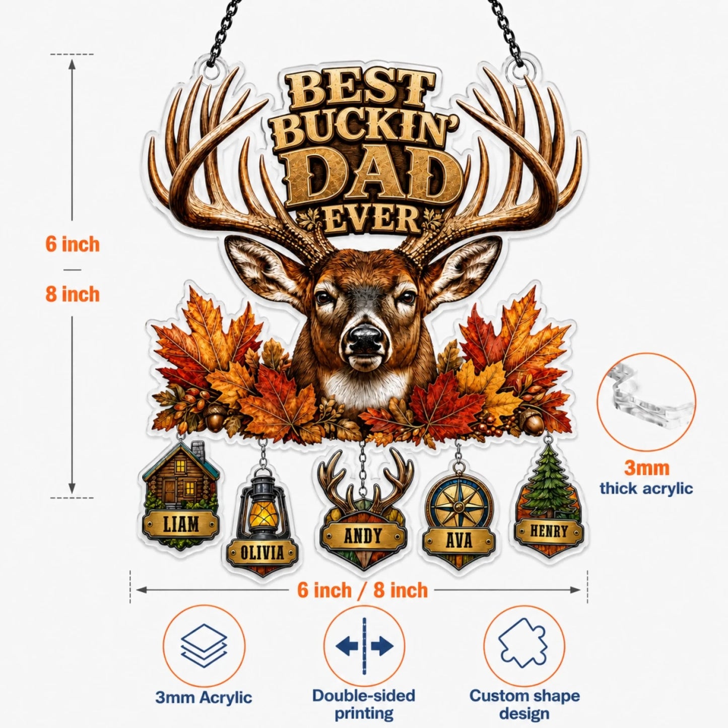 Dad Personalized Hunting Suncatcher with Custom Kids Names, Best Buckin Dad Ever Acrylic Window Hanging Gift for Father's Day