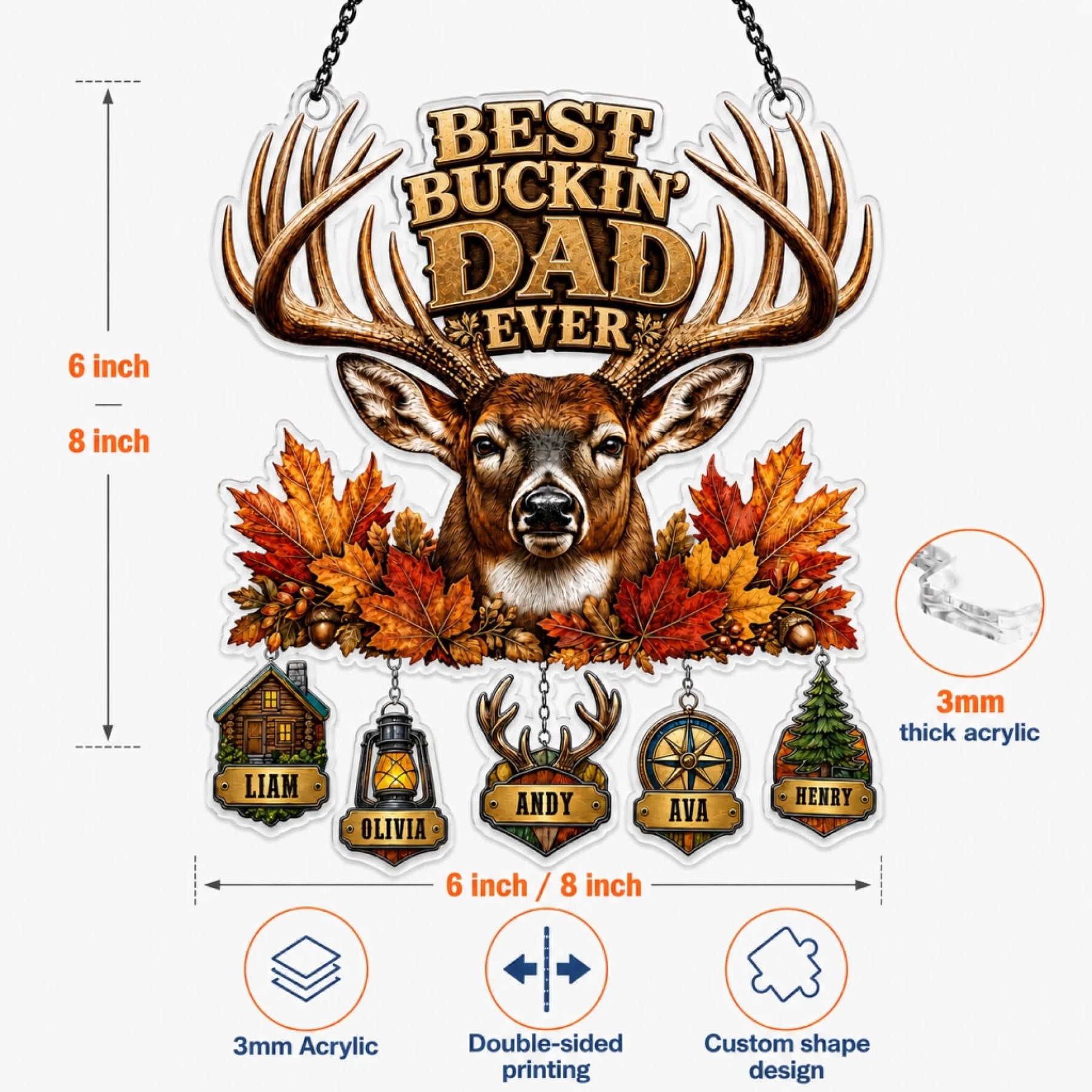 Dad Personalized Hunting Suncatcher with Custom Kids Names, Best Buckin Dad Ever Acrylic Window Hanging Gift for Father's Day