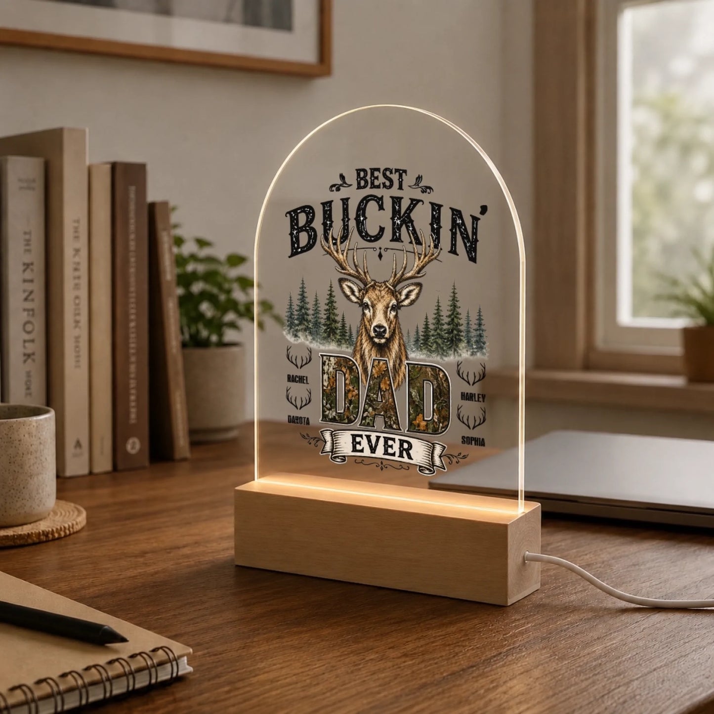 Custom LED Night Light for Dad with Kids Names – Deer Forest Design