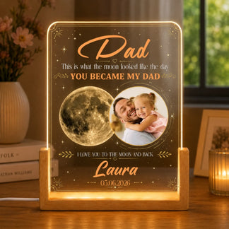 Personalized light-up sign for a father with a photo of a man and a child, and text about becoming a father.