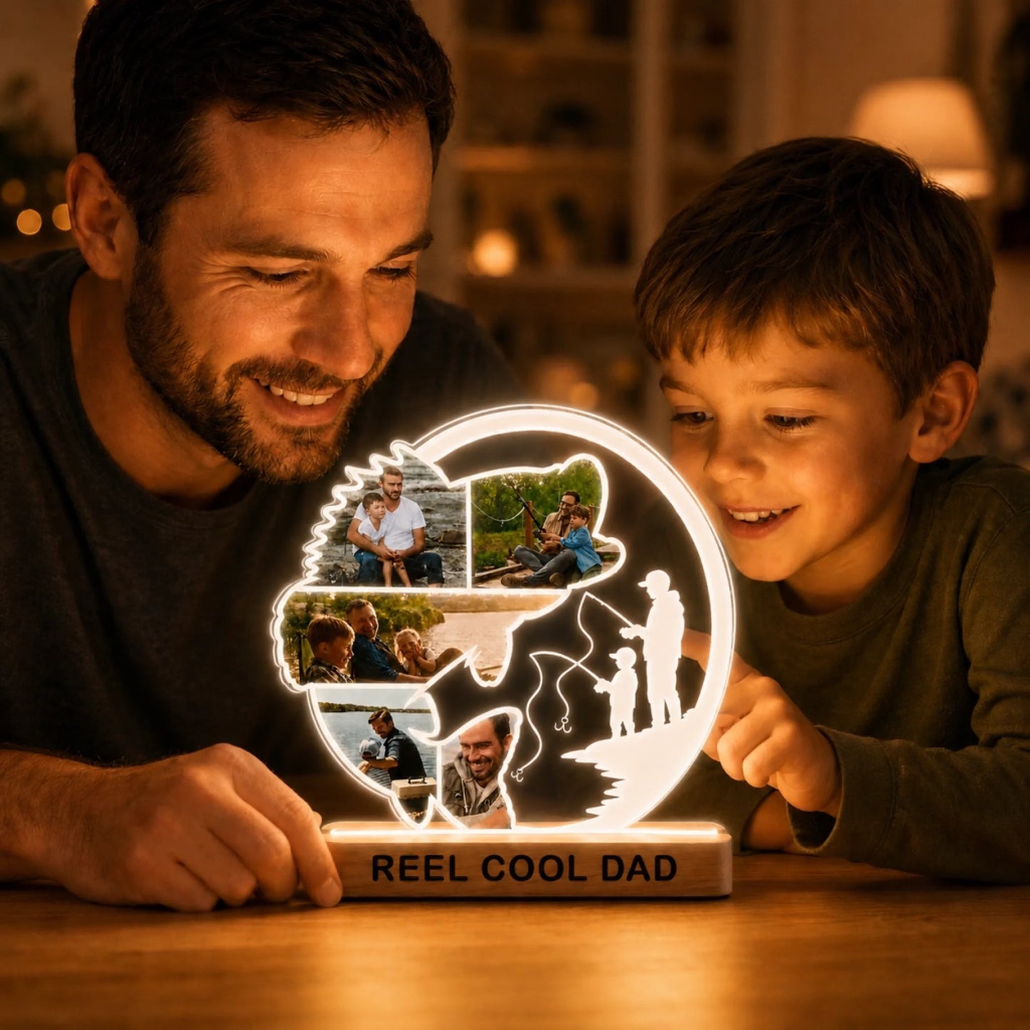 Man and child looking at a decorative light box with 'Reel Cool Dad' text