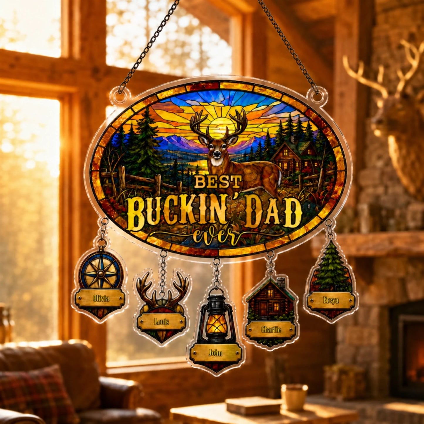 Personalized dad suncatcher hanging on window – Father's Day gift for hunters