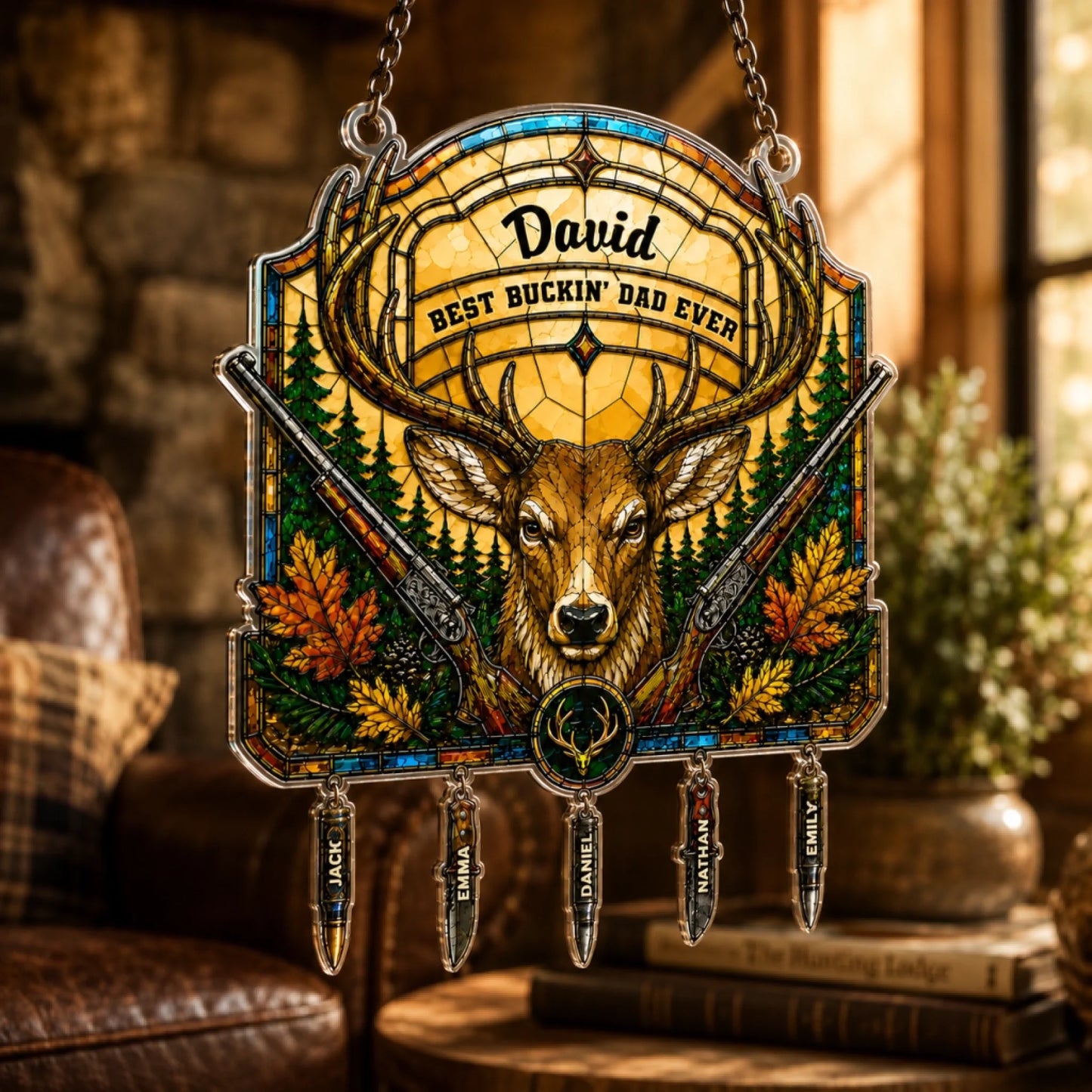Hunting Father's Day gift suncatcher displayed on sunny window
