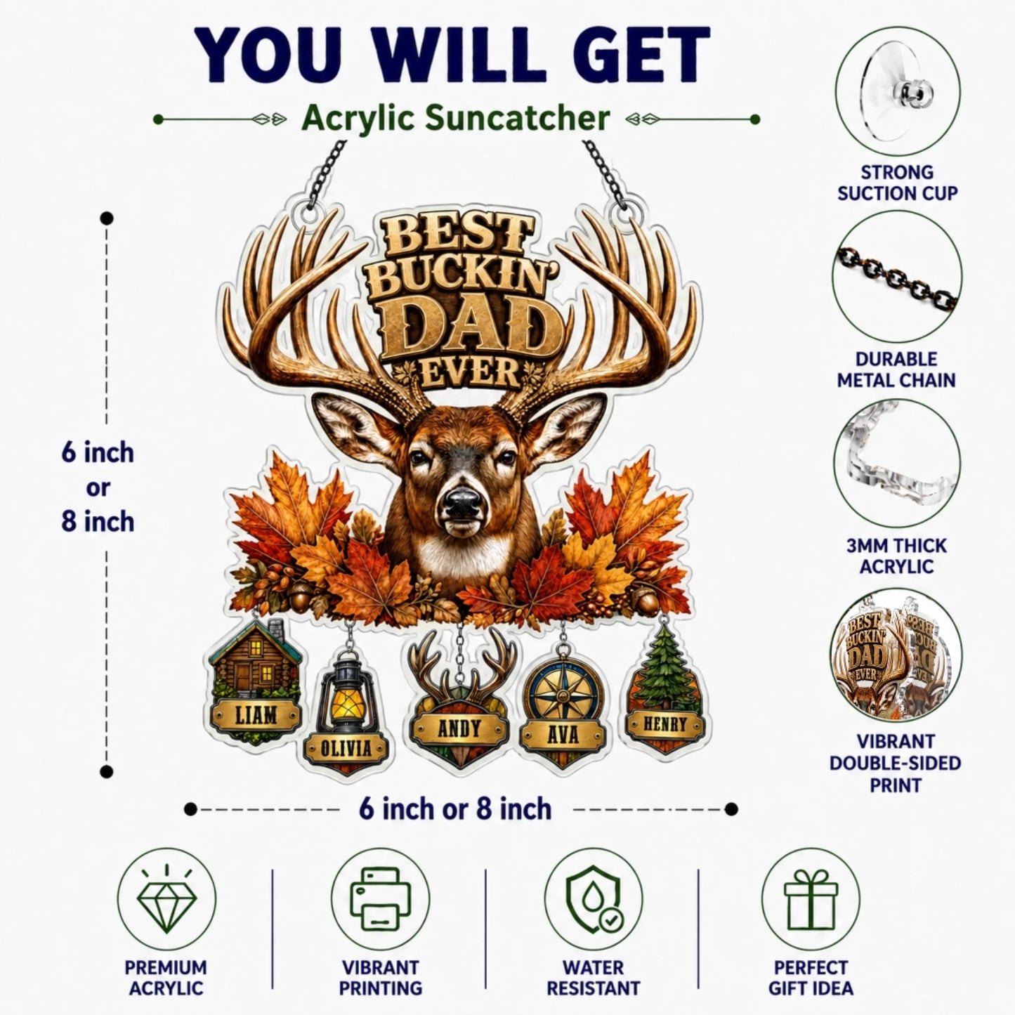 Size comparison of personalized dad suncatcher ornaments – 6in to 12in options