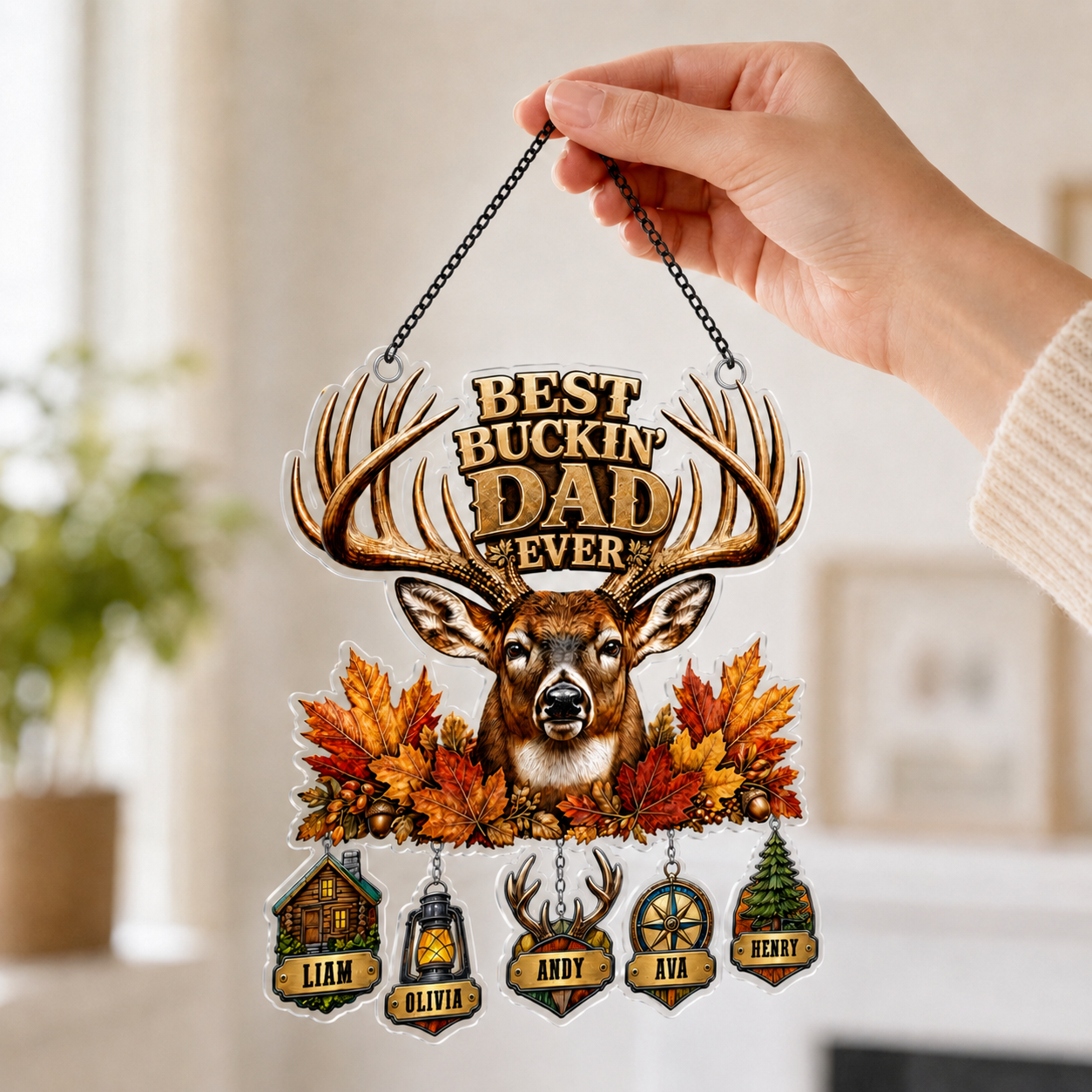 Personalized suncatcher ornament hanging in a sunny window – Father's Day gift