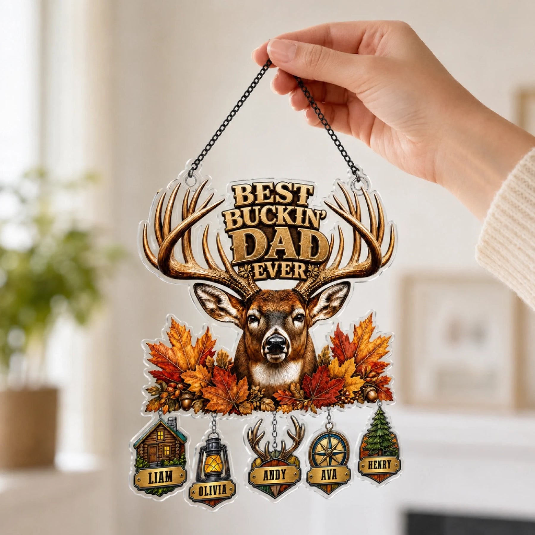 Personalized suncatcher ornament hanging in a sunny window – Father's Day gift