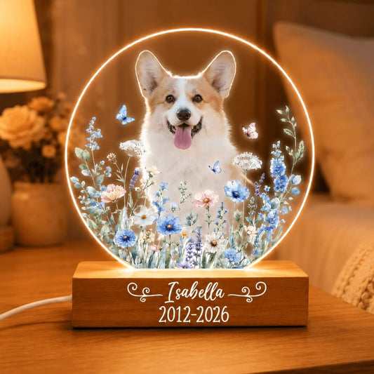 Personalized dog memorial LED night light with custom photo and floral design