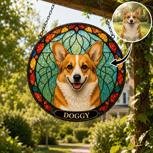 Personalized dog photo suncatcher with custom name – stained glass pet portrait gift for dog lovers