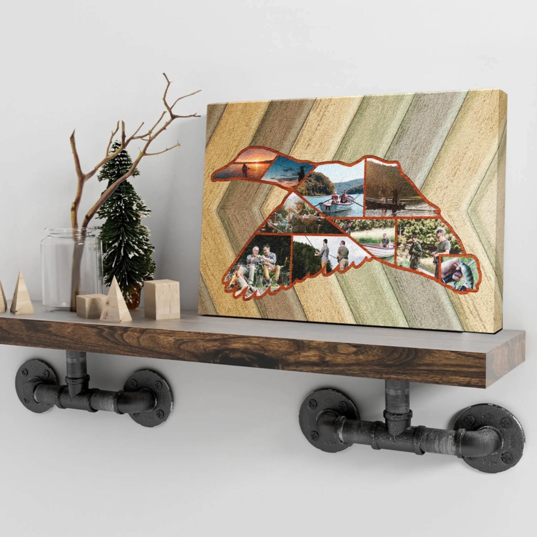 Personalized duck-shaped fishing photo canvas on shelf – custom outdoor wall art gift for him