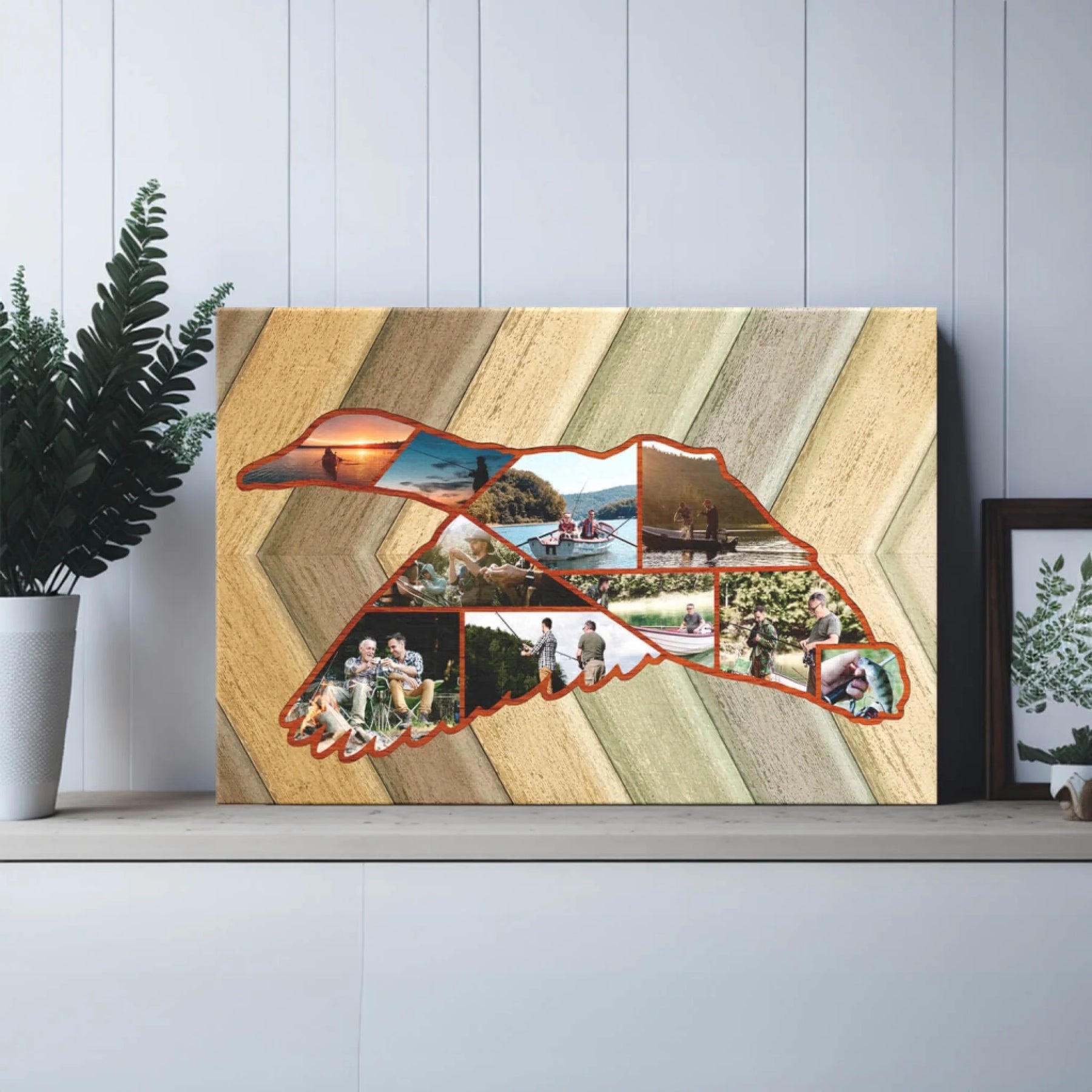 Personalized duck-shaped photo collage canvas for Dad – duck hunting gift rustic background