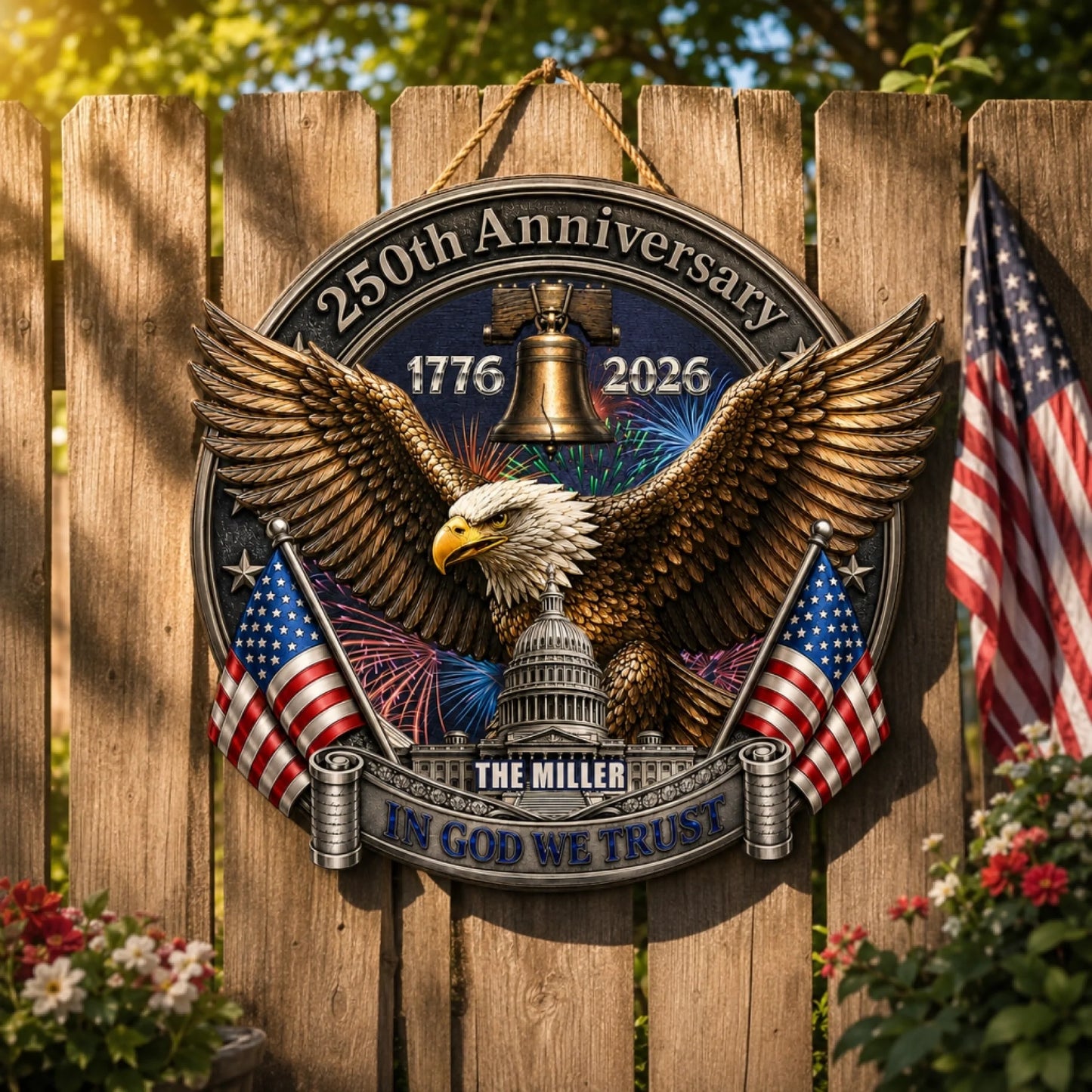 Personalized family name wooden sign for 250th anniversary 4th of July – front view