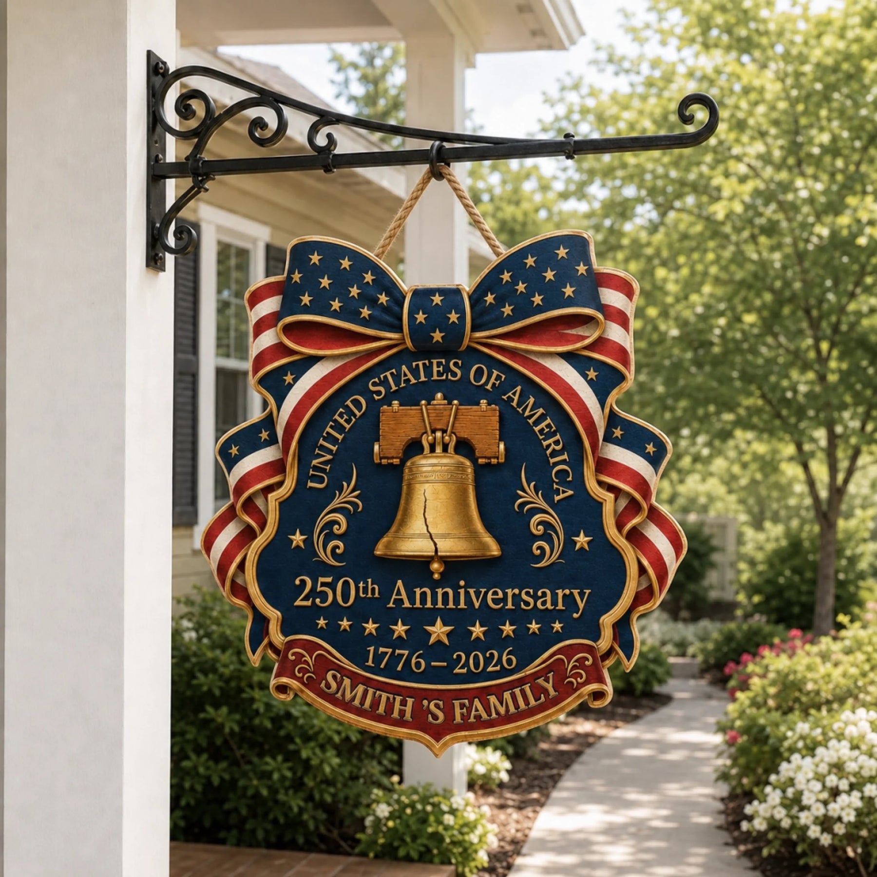 Personalized family wooden sign with 250th Anniversary patriotic design displayed in home