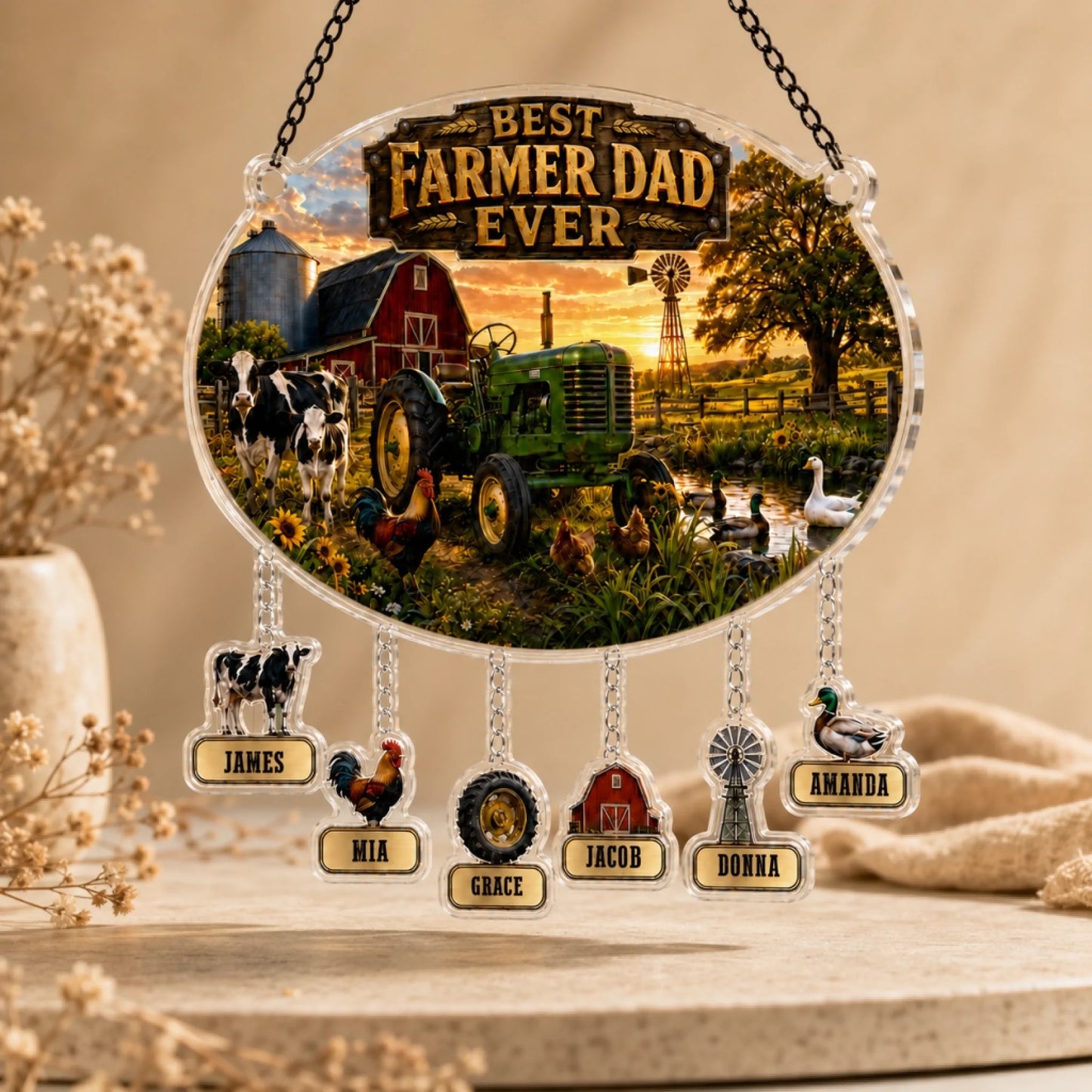 Decorative sign with 'Best Farmer Dad Ever' and farm-themed elements on a wooden surface.