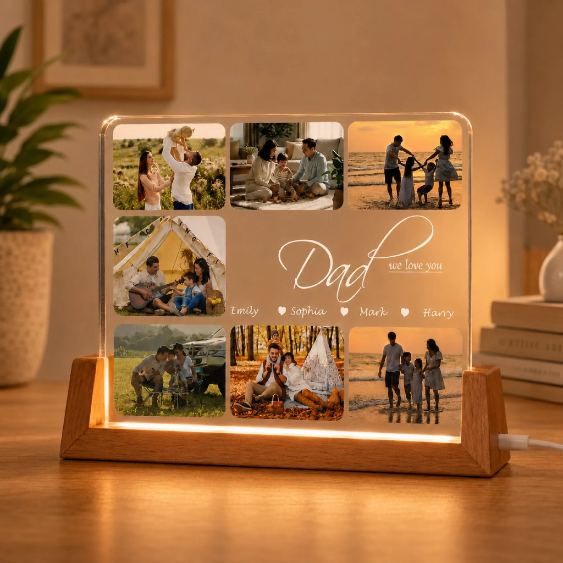 Personalized Father's Day LED Night Light with Wooden Base and Clear Plaque