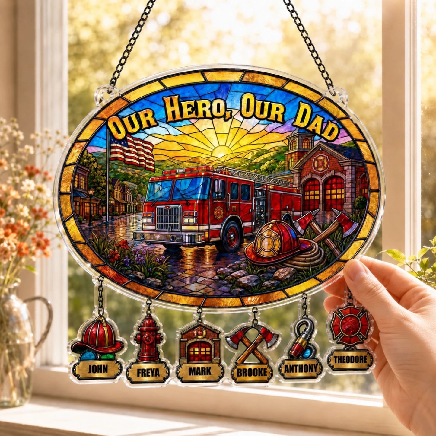 Personalized firefighter dad suncatcher size options 6 8 10 12 inch Fathers Day gift