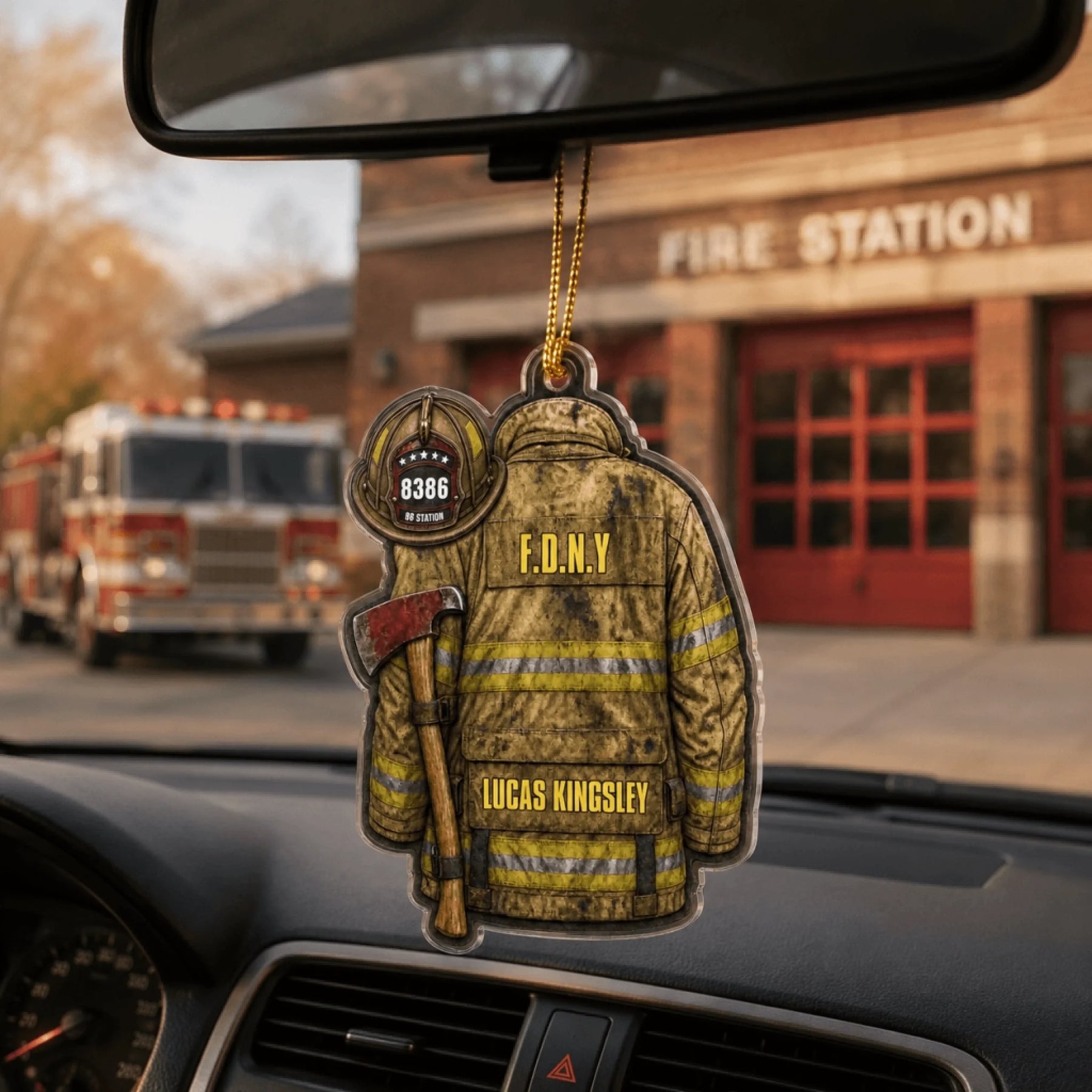 Personalized Firefighter Car Ornament Custom Badge Number And Station Number