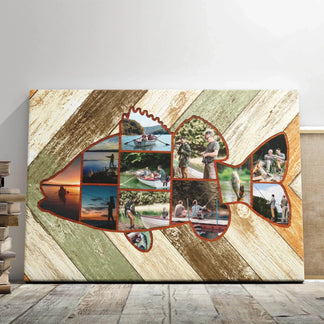Personalized fish-shaped photo collage canvas gift for Dad – fishing theme rustic wood background