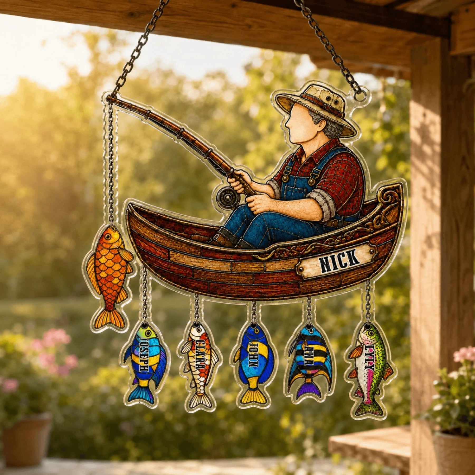 Dad Personalized Fishing Boat Acrylic Suncatcher - Custom Family Names - Gift For Him - Stained Glass Window Decor
