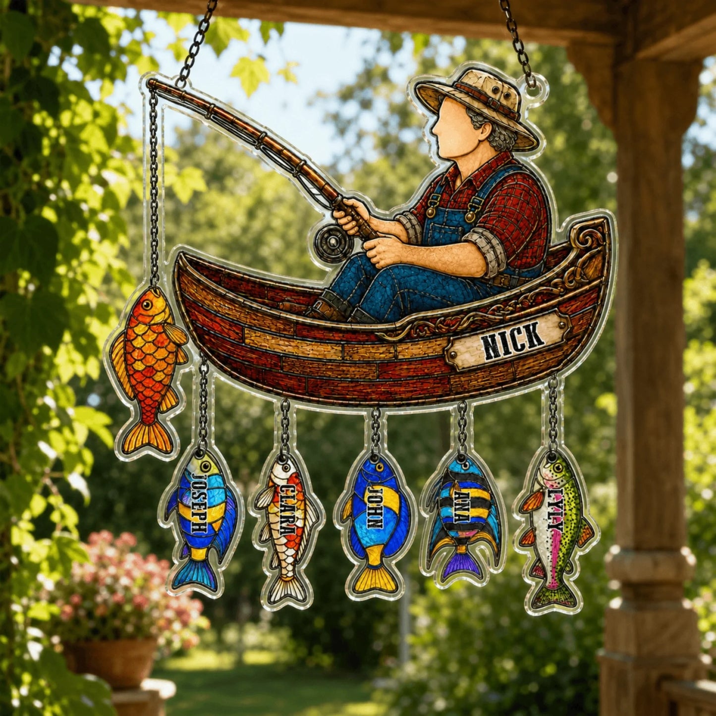 Decorative hanging sign with a fisherman in a boat and colorful fish, set against a natural outdoor background.